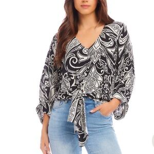 NWT Karen Kane Black and White Paisley Blouson Sleeve Tie Front Blouse